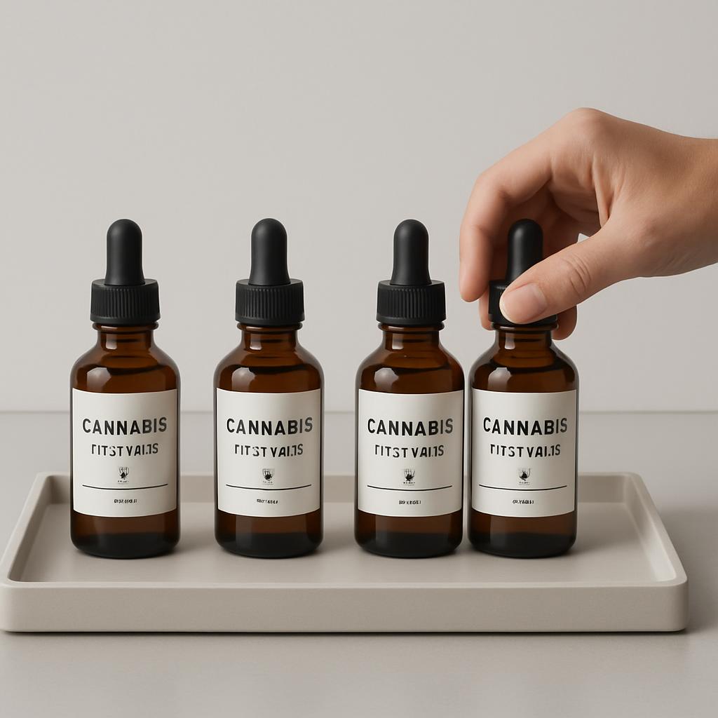 Cannabis Oil Bottles with Hand Removal. Four amber glass bottles with black dropper caps lined up on a tray, with a hand r...