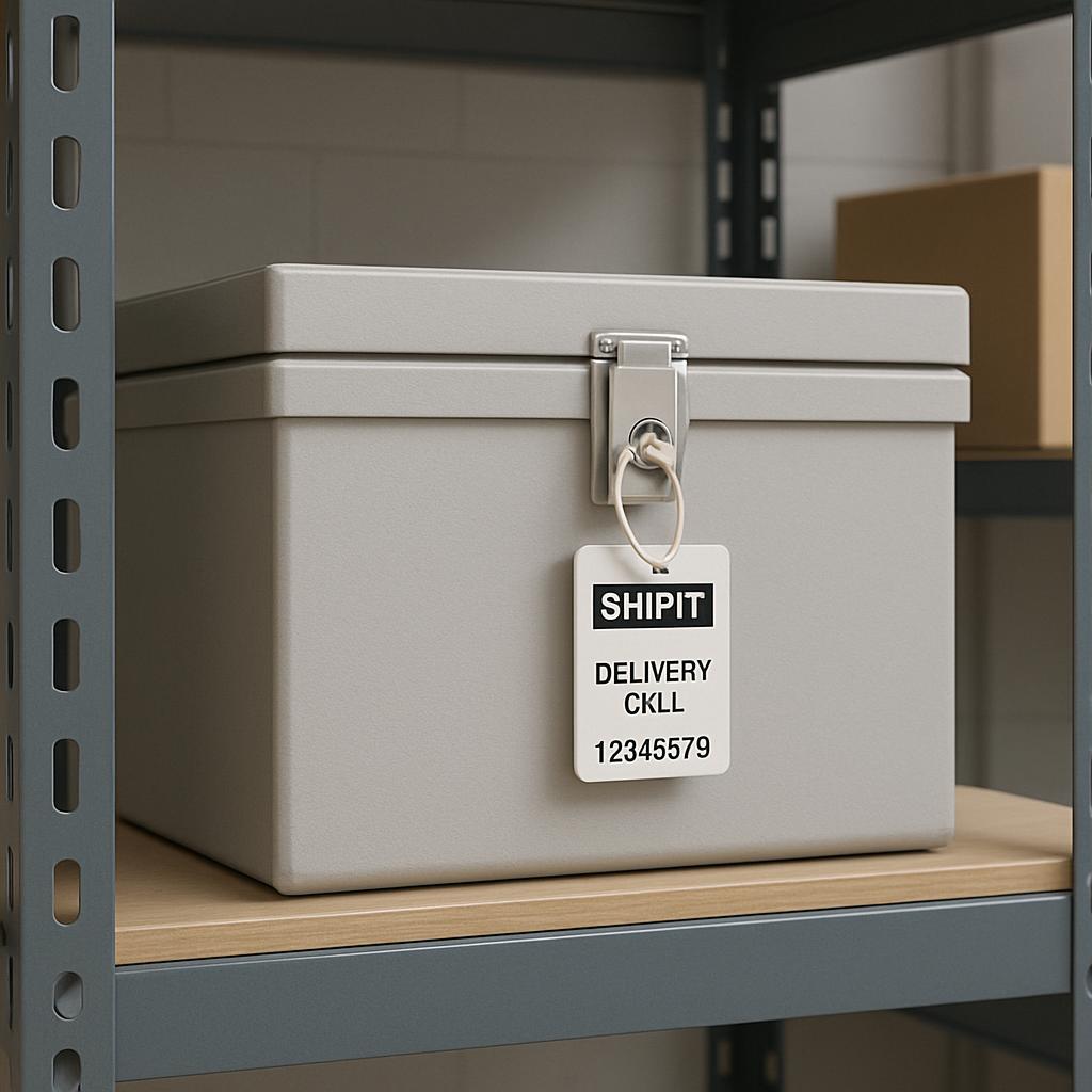 A white storage box with a tag hanging from it, on a shelf with the words "SHIPIT" and "DELIVERY CKLL 12345579" printed in...