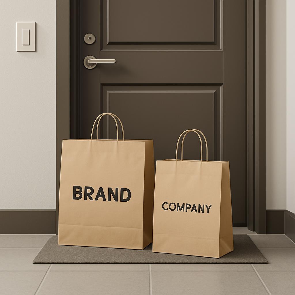 Two large brown paper bags labeled "brand" and "company" sit in front of a closed doorway, representing a company or brand...
