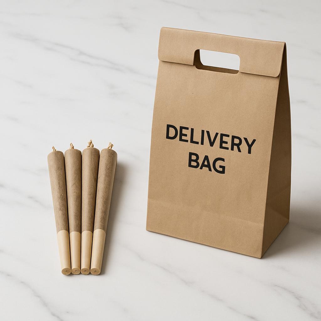 The image shows a brown paper bag with the words "DELIVERY BAG" written on it, accompanied by five rolled joints. View com...